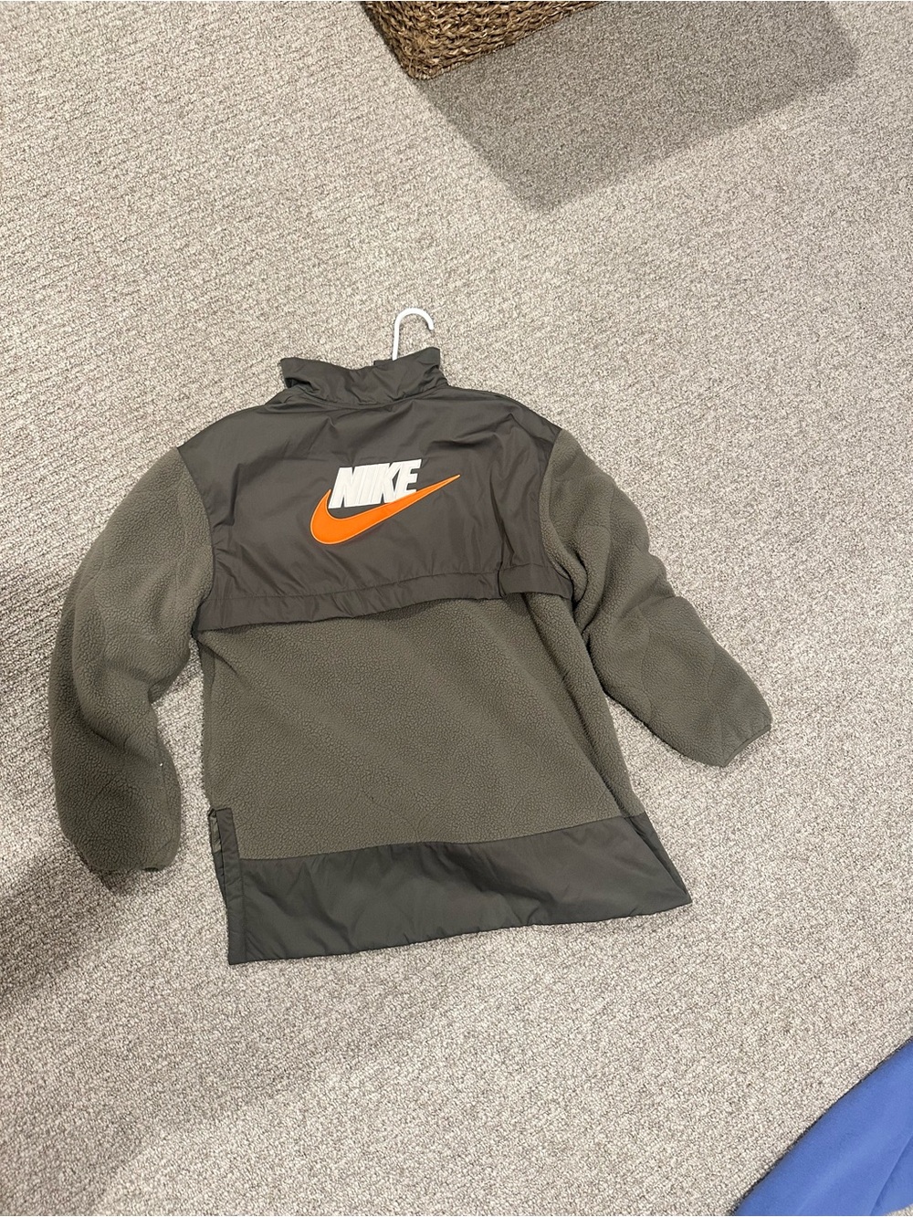 Nike Olive Green Fleece Bomber Jacket with Orange Swoosh